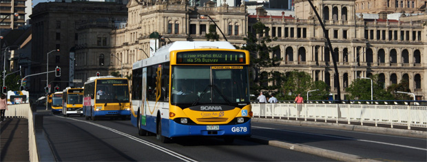 Brisbane Transport buses cross the Victoria Bridge.